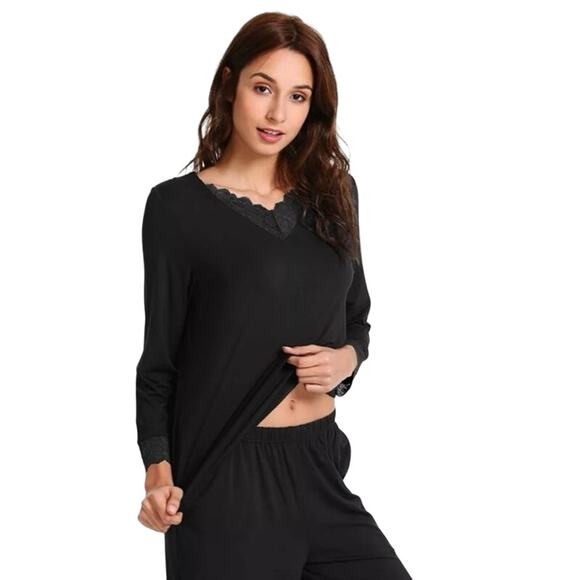 wiwi bambo soft pajamas set for women long sleeve laced V neck top with pants - Picture 3 of 12